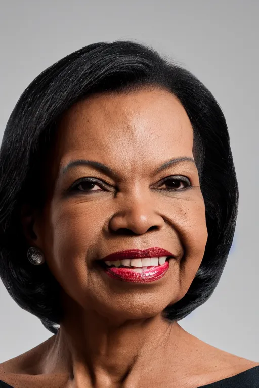 Prompt: Condoleezza Rice, studio photograph, XF IQ4, 150MP, 50mm, F1.4, ISO 200, 1/160s, natural light, Adobe Photoshop, Adobe Lightroom, photolab, Affinity Photo, PhotoDirector 365