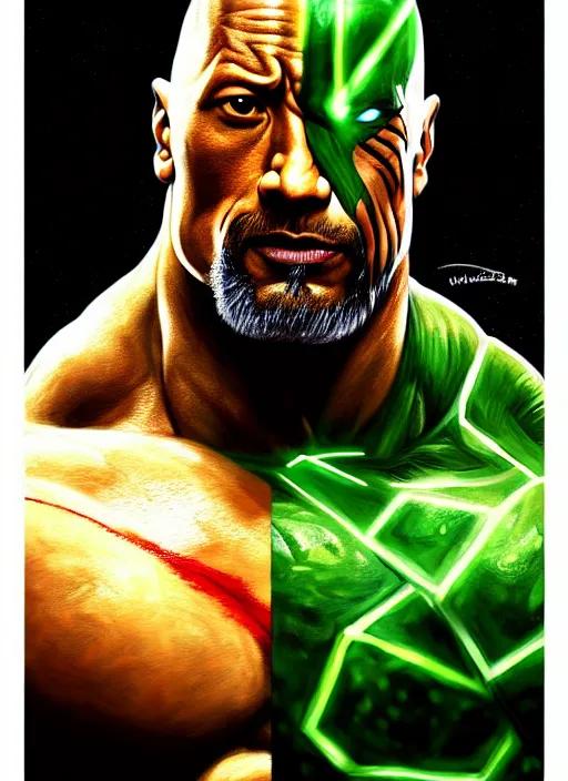 Prompt: ! dream portrait of aggressive dwayne johnson as kratos, d & d, muscular! green, fantasy, intricate, elegant, highly detailed, digital painting, artstation, concept art, smooth, sharp focus, illustration, art by artgerm and greg rutkowski and alphonse mucha