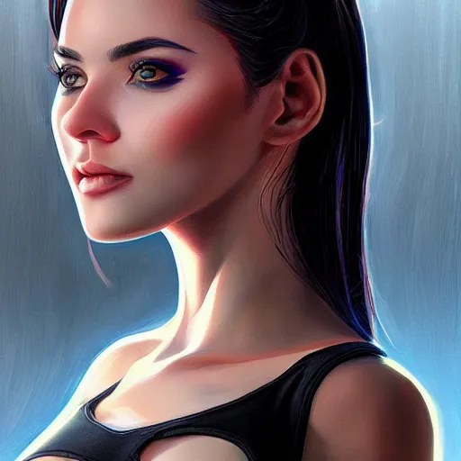 Image similar to a gourgeous female digital influencer in the style of stefan kostic, realistic, full body, sharp focus, 8 k high definition, insanely detailed, intricate, elegant, art by stanley lau and artgerm