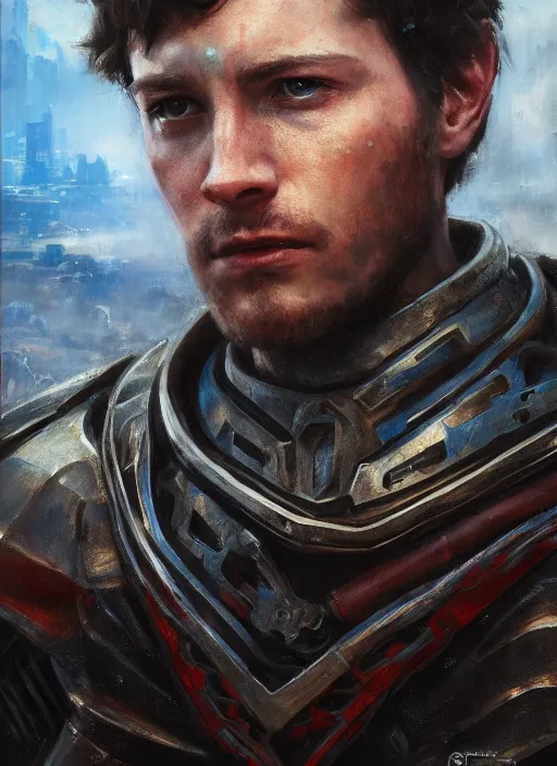 Image similar to portrait of Paul atreides in a cyberpunk armor in a war. by Daniel F. Gerhartz, hyperrealistic oil painting, 4k, studio lightning, very detailed face