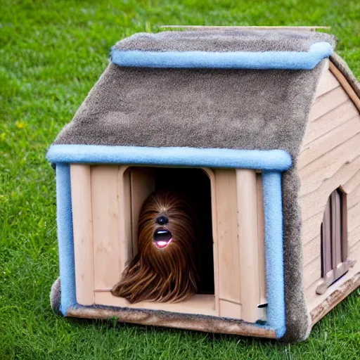 Image similar to chewbacca sleeping in a dog house