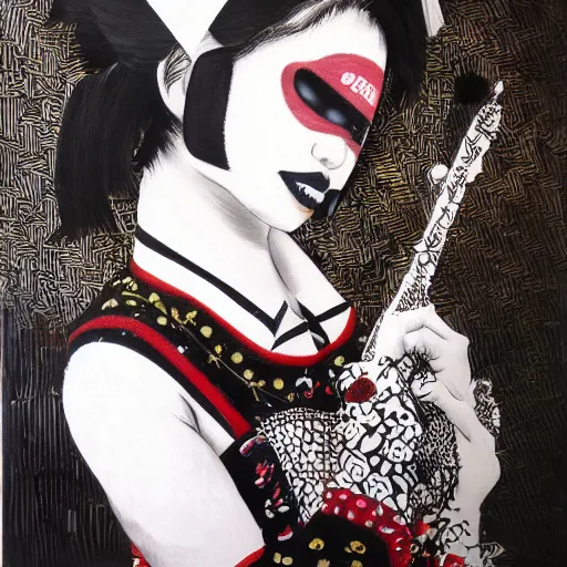 Image similar to Yoshitaka Amano style portrait of an mexican mariachi girl with short white hair and eyepatch wearing suit with patterns, abstract black and white background, film grain effect, highly detailed, oil painting