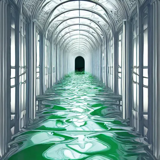 Image similar to a flood of slime in a bright white hallway with many doors and many stairs, Mc Escher architecture, epic composition, cgsociety, hyperdetailed, 8k