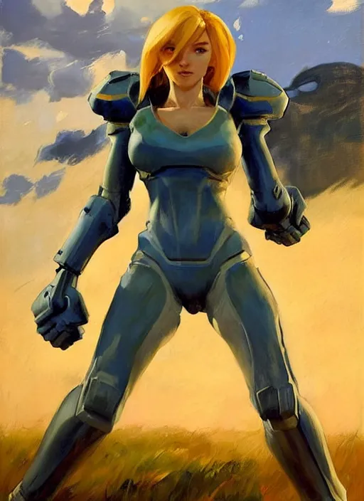 Image similar to Greg Manchess painting of Samus from Metroid Prime, countryside, calm, fantasy character portrait, dynamic pose, above view, sunny day, thunder clouds in the sky, artwork by Jeremy Lipkin and Giuseppe Dangelico Pino and Michael Garmash and Rob Rey, very coherent asymmetrical artwork, sharp edges, perfect face, simple form, 100mm