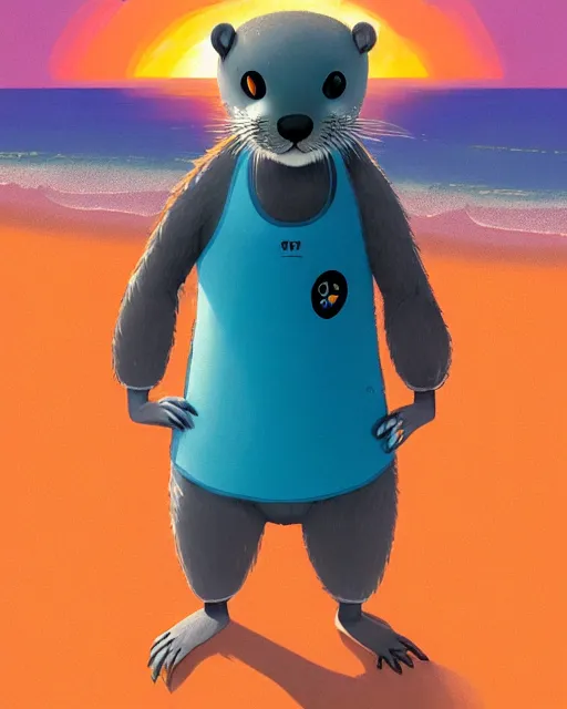 Image similar to a beautiful portrait of a male gray anthropomorphic grey otter fursona wearing a wetsuit. paws. on the beach. surfboard. turquoise hair. orange nose. sunset. character design by cory loftis, fenghua zhong, ryohei hase, ismail inceoglu and ruan jia. volumetric light, artstation