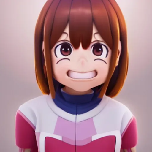 Prompt: A portrait of Ochako Uraraka, a cute 3d cgi toon young woman, in the center midground, medium shot, mid-shot, hyperdetailed, 8k, trending on artstation, as a Pixar character