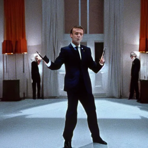Image similar to Emmanuel Macron doing a hold up in American Psycho (1999)