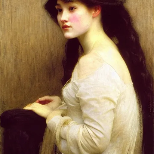 Image similar to Portrait of Florence Pugh, by William Adolphe Bouguereau, John Singer Sargent, Vermeer, serene