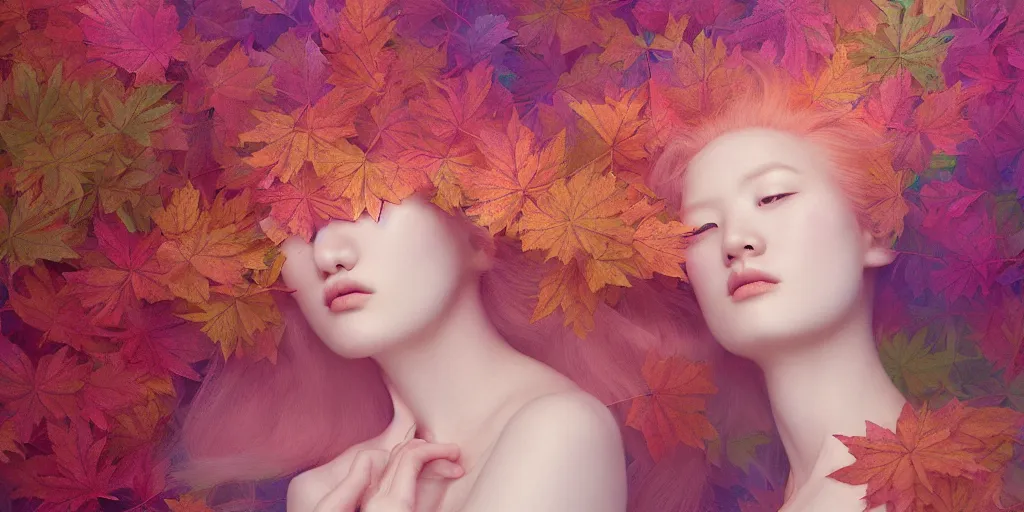 Prompt: breathtaking detailed pattern pastel colors of an ethereal ginger beauty morphing into autumn leaves, by hsiao - ron cheng, bizarre compositions, exquisite detail, 8 k