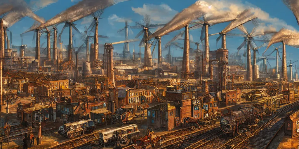 Image similar to A highly-detailed 3d digital artwork cityscape of an industrial steampunk city with windmills, tall wooden buildings, steam-powered factories, floating wooden boats, steel cars, steel steam trains, giant blimps