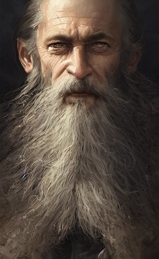 Image similar to Portrait of man in his 50s with a long beard and monacle, male, detailed face, fantasy, highly detailed, cinematic lighting, digital art painting by greg rutkowski