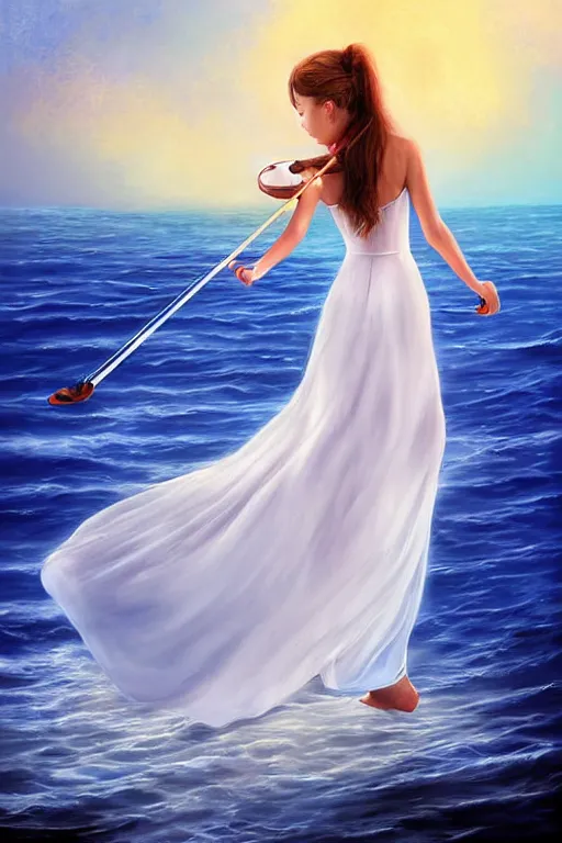 Prompt: beautiful mystical digital painting girl playing violin wearing a long white dress over a wavy ocean by Victor hughes