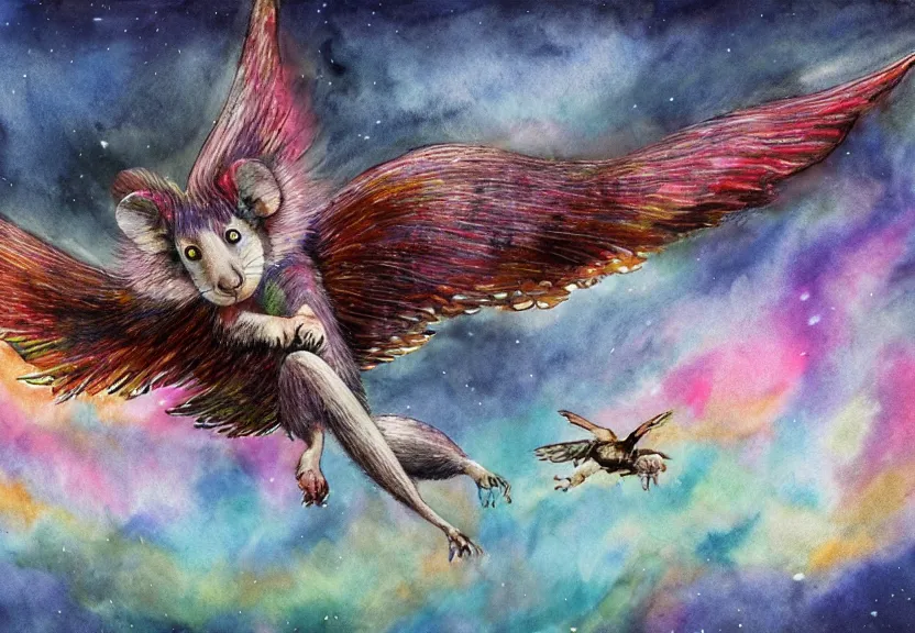 Image similar to legendary colorful winged possum flying over a medieval castle under a dark starred sky, dark fantasy, watercolor, dreaming illusion, highly detailed, 4k, trending on Artstation, award-winning