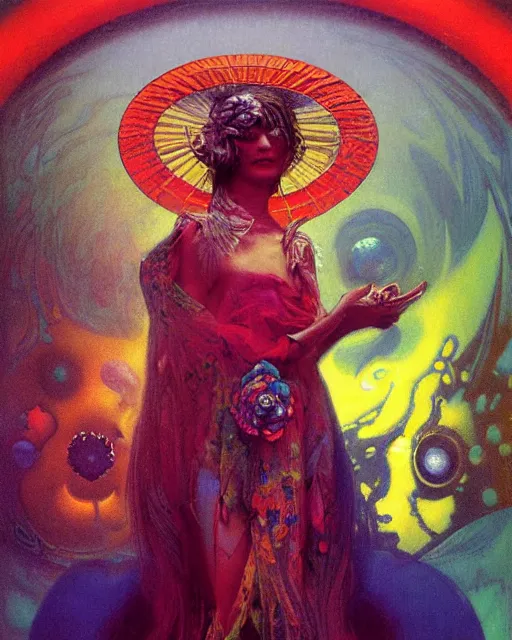 Image similar to rainbow flowerpunk portrait of a strict matriarch by paul lehr, beksinski, alphonse mucha