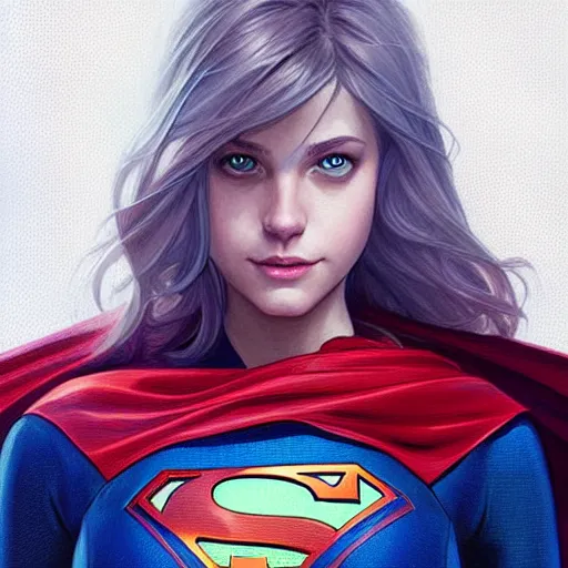 Image similar to Portrait of Supergirl, DC Super Hero Girls, blue eyes, intricate, elegant, highly detailed, digital painting, artstation, concept art, smooth, sharp focus, illustration, art by artgerm and greg rutkowski and alphonse mucha