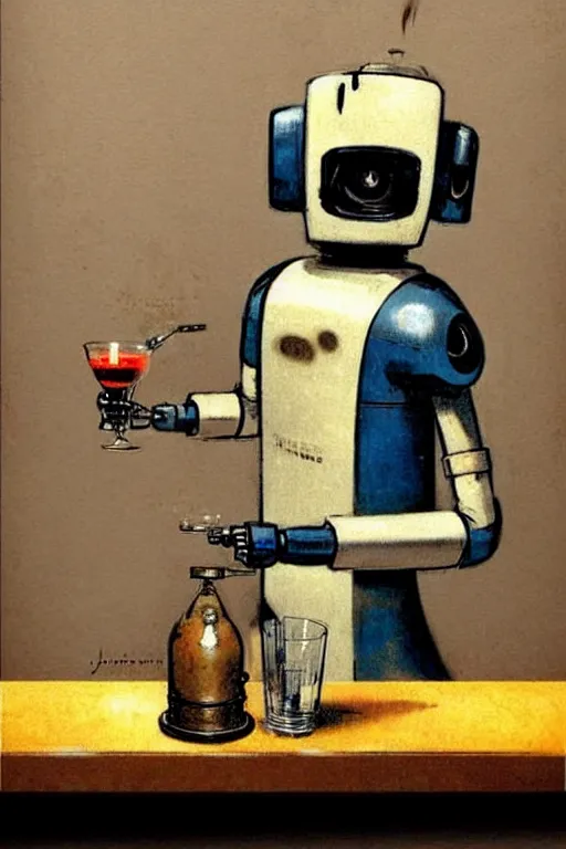 Image similar to ( ( ( ( ( 1 9 5 0 s retro future robot android bartender behind a bar dog. muted colors. ) ) ) ) ) by jean - baptiste monge!!!!!!!!!!!!!!!!!!!!!!!!!!!!!!