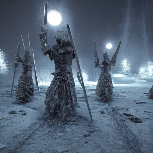 Image similar to ice spikes are summoned from the ground by magic, a group of knights in plate - armor gets impaled by bloody spikes, death on the spot, gloomy lights in the sky, feeling of cold terror, octane render, unreal engine, 8 k