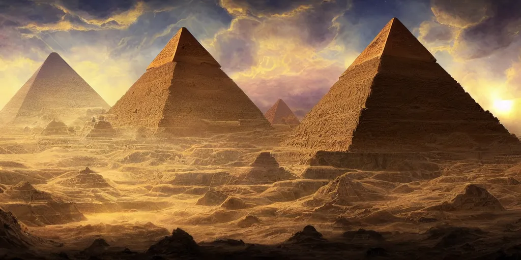 Prompt: beautiful painting of a landscape with alien pyramids with jewels and ornate gold decor by kim jakobsson, takato yamamoto, clement - auguste andrieux and santiago caruso trending on artstation sunshine rays cryengine behance hd 8 k 3 d 8 k resolution photoillustration ambient occlusion ancient egyptian hieroglyphs, stars with lasers