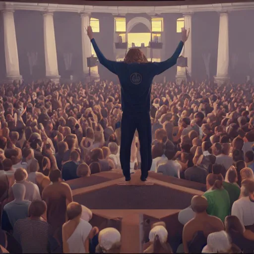 Image similar to jesus christ rapping on a podium to a crowd of people, 4 k image, hd, high res, unreal engine, medieval
