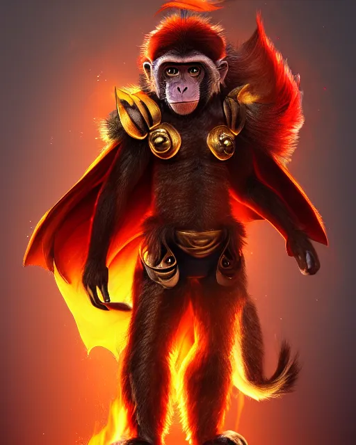 Image similar to fury art, an anthro monkey wearing a large cape and a fantasy armor, fire, fiery background, 3 d, 8 k, extremely detailed, trending on furaffinity, trending on artstation, award winning, sharp focus, illustration