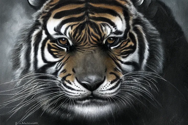 Image similar to A dark, brooding painting of a snarling tiger in the style of Salvador Dali, high-quality, professional, dramatic lighting, extremely high detail, trending on artstation