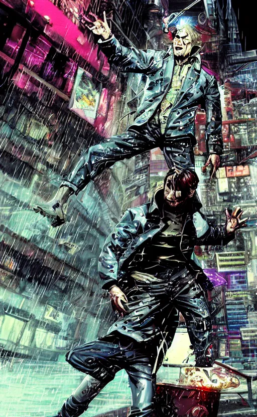 Image similar to Grizzled Trenchcoat detective fighting in the rain. Detailed dynamic anatomical proportions. Anti-hero leaping into action POV. Cybernetic kung-fu action shot. Dynamic, delirious, creative panel style by Bill Sienkiewicz. Heavy chromatic abberation. Visual distortion. Sci-Fi cyberpunk Comic page made up of art by the best artists Trending on Artstation. Octane render, Raytracing, 3d masterpiece, fantastic lighting by James Gurney. Noir detective genre.