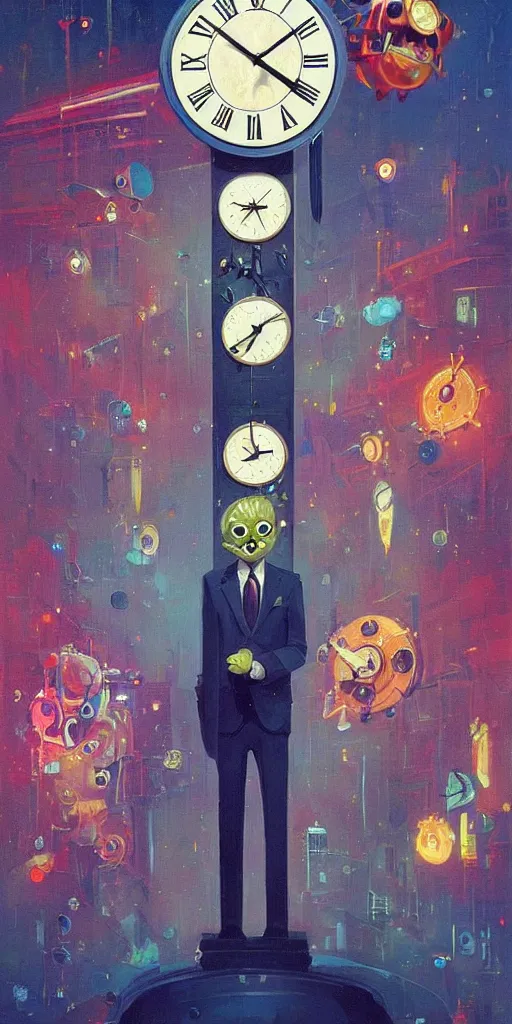 Prompt: a man in a business suit with a clock head, clock face, beautiful composition, symmetric, by paul lehr and cory loftis, masterpiece