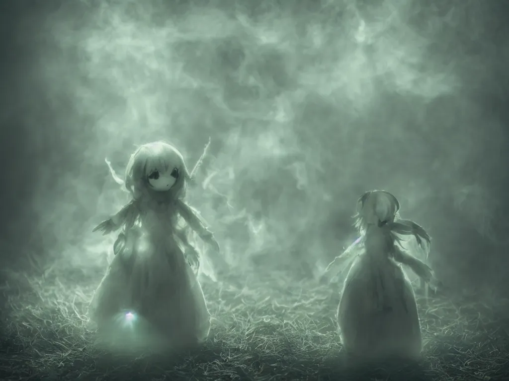 Image similar to cute fumo plush girl ghost in the haze of the murky river, smoke and volumetric fog, tattered gothic horror maiden, fallen angel, green lens flare, light shafts, light and shadow, vray