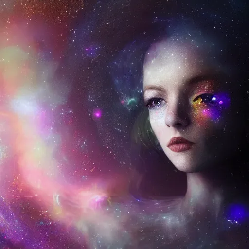 Image similar to woman portrait made out of galaxies floating in space, saturn, highly detailed, beautiful, realistic, tim burton comic book art, unreal engine, octane render, sharp focus