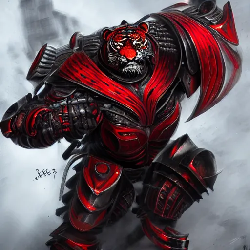 Prompt: a tiger wearing ultra heavy combat armour with red and black color hyperdetailed photorealistic digotal art aesthetic cool character design by charles bowater artger highly detailed detailed face 8k cinematic