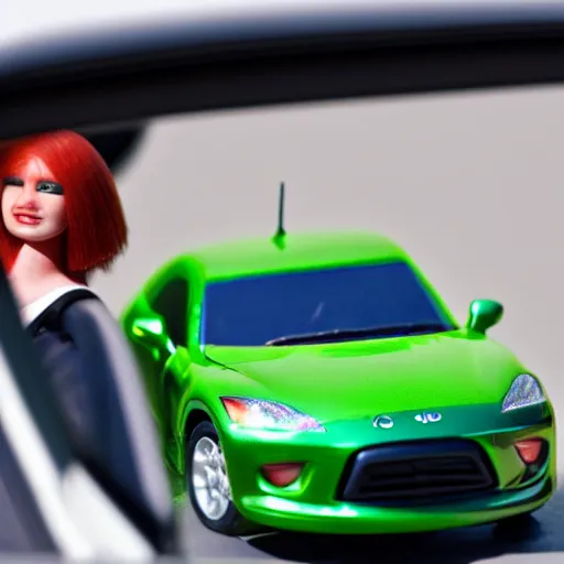 Image similar to a redhead woman driving a Jada toys mitsubishi eclipse green diecast car, high resolution macro photo, viewed through the cars window