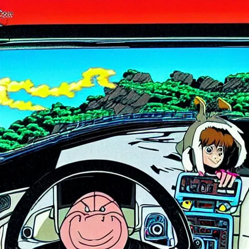 Prompt: scooby doo holding the steering wheel driving inside a nissan pulsar through windy roads in the hills, anime style akira initial d