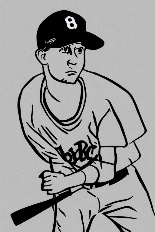 Prompt: full body drawing of a white baseball player with a black baseball cap and a black bat and a striped jersey, white background, black and white, 2D drawing