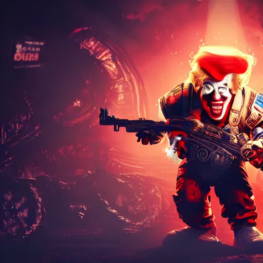 Prompt: portrait of donald trump as a clown in gears of war, splash art, movie still, cinematic lighting, ray tracing, octane render, long lens, shallow depth of field, bokeh, anamorphic lens flare, 8 k, hyper detailed, 3 5 mm film grain