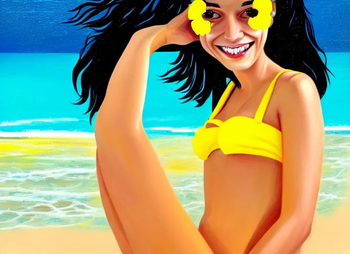 Image similar to a girl with black hair, with a very beautiful symmetrical face, a smile on her face, tanned skin, in a yellow bikini, against the background of a sea beach, in art style, high detail, digital painting