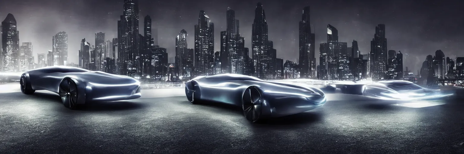 Prompt: photograph of a concept car for the year 2050, inner city background night shot, dramatic lighting.