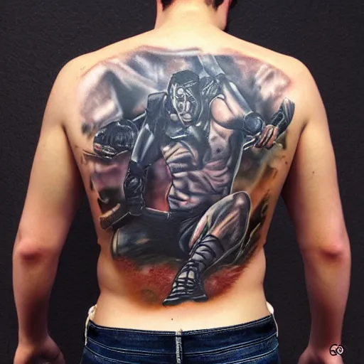 Image similar to photorealistic painting of a picture of my new back tattoo of chris redfield by tom of finland