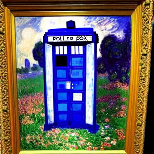 Image similar to an explosing tardis painted by monet, beautiful, highly detailed