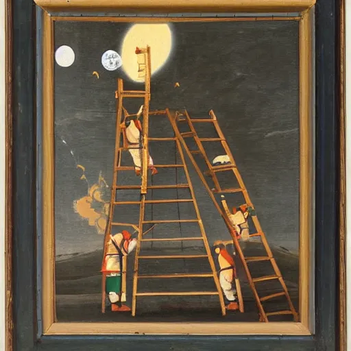 Prompt: a 1500's painting of people climbing a ladder to the moon