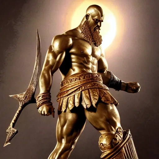 Prompt: a golden statue of kratos the god of war as rhodes colossus