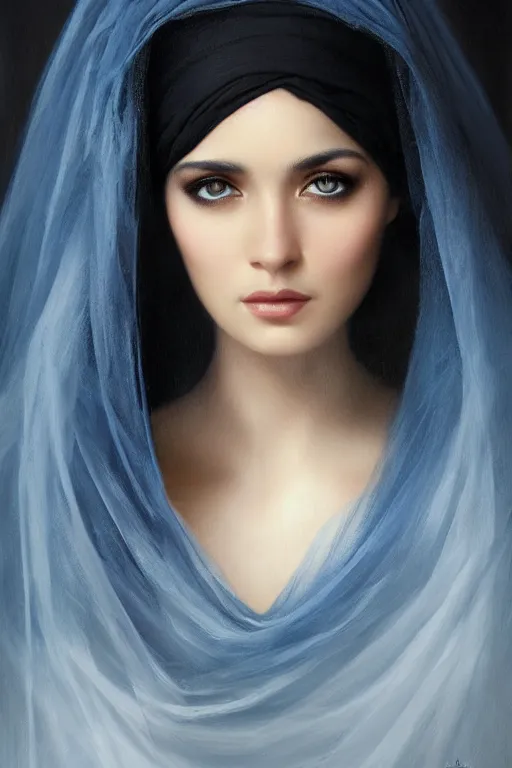 Image similar to arab Ameera al-Taweel, bright blue eyes, black hair, simple white veil, closeup, focus face, elegant, highly detailed, centered, oil painting, artstation, concept art by tom bagshaw