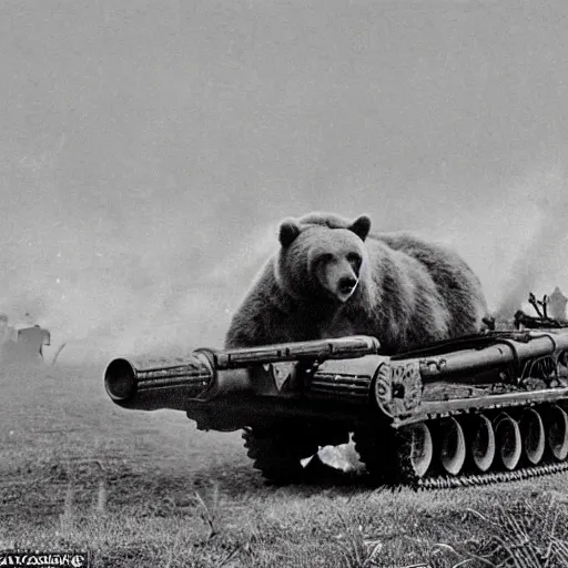 Image similar to a picture of a enormous bear pulling a towed anti - tank canon behind his back like a chariot, eastern front, historical picture