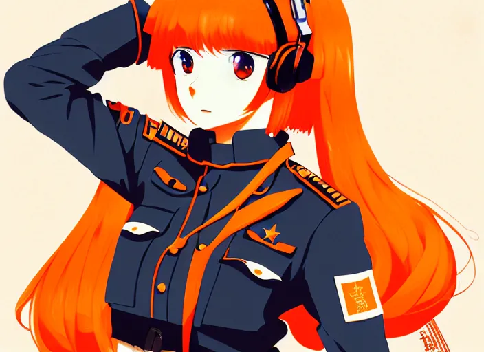 Prompt: anime girl with orange hair in the soviet military form, manga, katsura masakazu, intricate, detailed, studio lighting, gradation, editorial illustration, matte print, ilya kuvshinov, concept art, digital