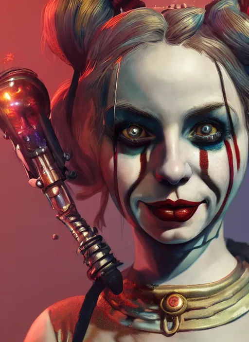 Image similar to bioshock victorian portrait of harley quinn, au naturel, hyper detailed, digital art, trending in artstation, cinematic lighting, studio quality, smooth render, unreal engine 5 rendered, octane rendered, art style by klimt and nixeu and ian sprigger and wlop and krenz cushart