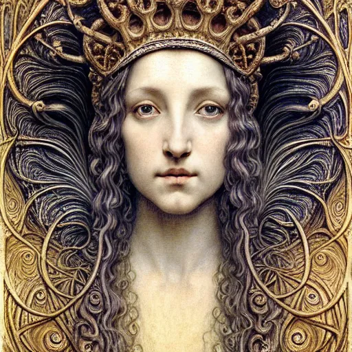 Image similar to detailed realistic beautiful young medieval queen face portrait by jean delville, gustave dore, iris van herpen and marco mazzoni, art forms of nature by ernst haeckel, art nouveau, symbolist, visionary, gothic, pre - raphaelite, horizontal symmetry