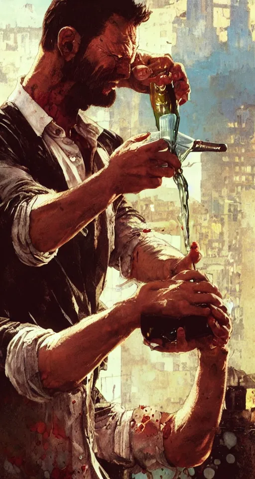 Image similar to close up of bloodied max payne pouring a drink, sun shining, photo realistic illustration by greg rutkowski, thomas kindkade, alphonse mucha, loish, norman rockwell.