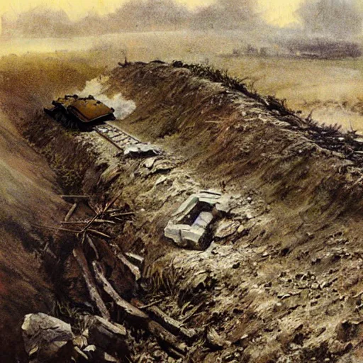 Prompt: british tank mark iv climbing over a trench in world war 1, artist's impression