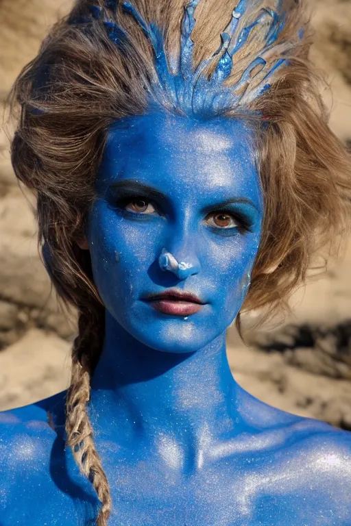 Prompt: a young italian woman dressed as a blue-skinned triton from DND standing on a beach, blue body paint, high resolution film still, 8k, HDR colors, cosplay, outdoor lighting, high resolution photograph, photo by bruce weber, beautiful symmetric face