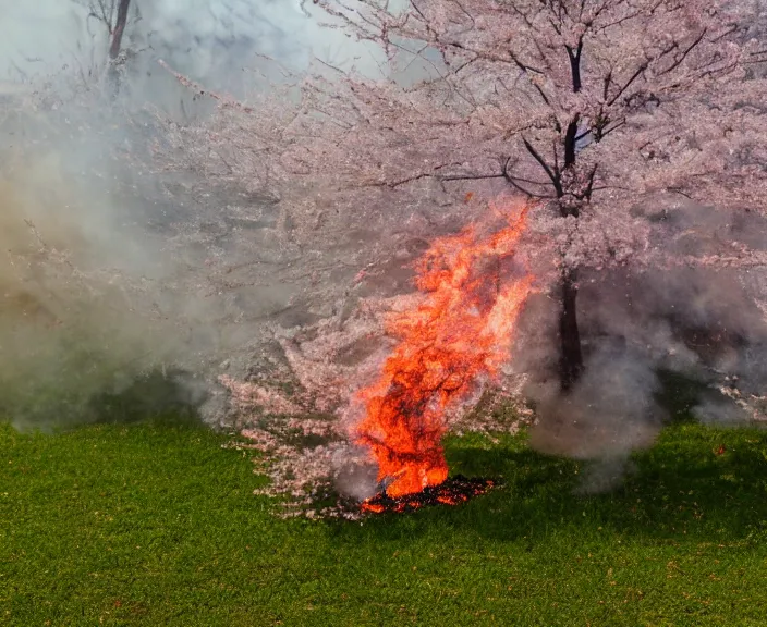 Image similar to 4 k hd, high detail photograph of blossoming tree in land on fire, shot with sigma f / 4. 2, 2 5 0 mm sharp lens, wide shot, consistent, volumetric lighting, high level texture render