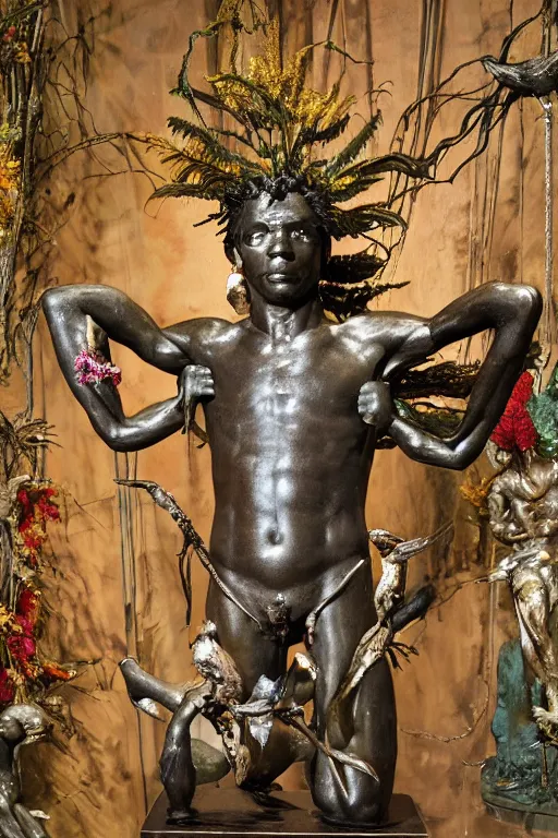 Image similar to Jean-Michel Basquiat as a bronze full-body statue of Icarus spreading his arms and arching his back for flight, glowing quartz crystal skull, wreath of ferns, flowing sakura-colored silk, fabric, flowers. baroque elements, human skull. full-length view. baroque element. intricate artwork by caravaggio. many many birds birds on background. Trending on artstation. halo. octane render, cinematic, hyper realism, octane render, 8k, depth of field, 3D